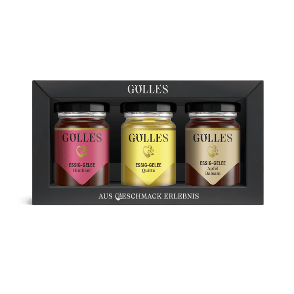 Gölles Essiggelee Trio: Himbeer, Quitte und Apfel Balsam in schwarzem Geschenkset.