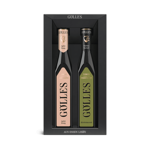 Gölles Duo Steirisch: Essig und Kürbiskernöl in schwarzer Geschenkverpackung.