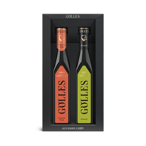 Gölles Duo Mediterran: Olivenöl und Tomaten Essig in schwarzer Geschenkbox.