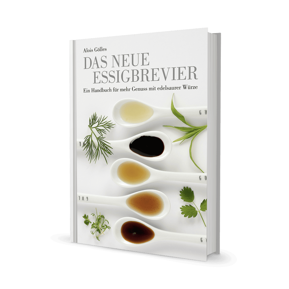 Buch Das neue Essigbrevier, Titelbild mit fünf Löffeln verschiedener Essige und Kräutern.