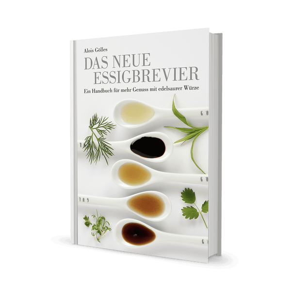 Buch Das neue Essigbrevier, Titelbild mit fünf Löffeln verschiedener Essige und Kräutern.