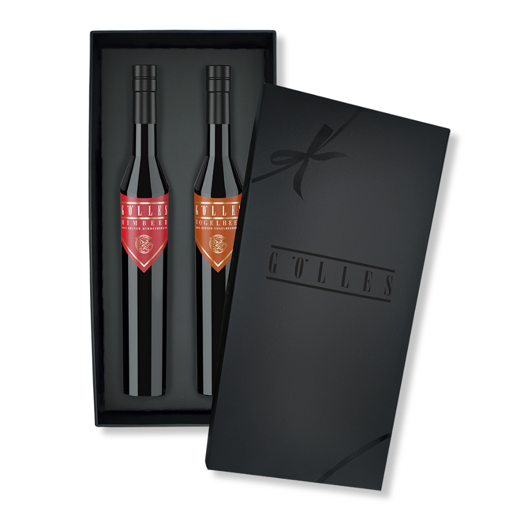 Gölles Set Beeren Duo: Himbeerbrand und Vogelbeerbrand in schwarzer Geschenkbox.