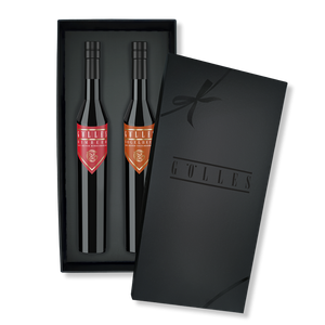 Gölles Set Beeren Duo: Himbeerbrand und Vogelbeerbrand in schwarzer Geschenkbox.