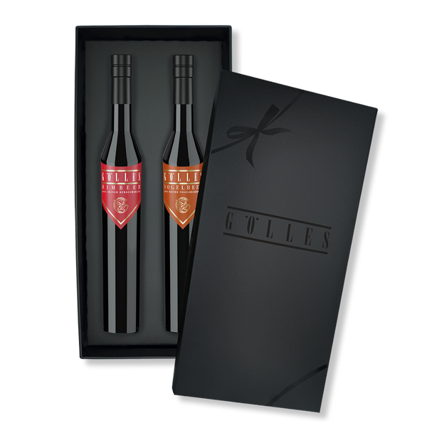 Gölles Set Beeren Duo: Himbeerbrand und Vogelbeerbrand in schwarzer Geschenkbox.