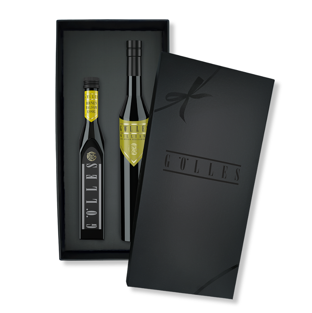 Gölles Set Birnen Duo: Geschenkbox mit zwei Flaschen mit goldenen Etiketten.