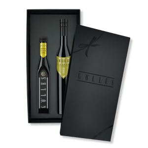 Gölles Set Birnen Duo: Geschenkbox mit zwei Flaschen mit goldenen Etiketten.