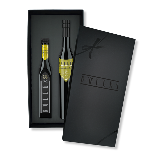 Gölles Set Birnen Duo: Geschenkbox mit zwei Flaschen mit goldenen Etiketten.