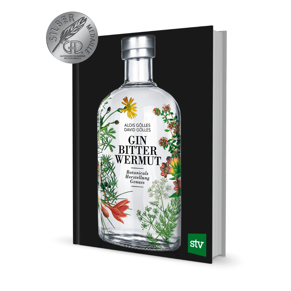 Buch Gin, Bitter, Wermut mit botanischer Illustration und silberner Medaille am Einband.