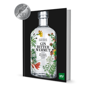 Buch Gin, Bitter, Wermut mit botanischer Illustration und silberner Medaille am Einband.