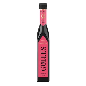 Gölles Himbeer Essig in schlanker eckiger Flasche mit rosa Etikett und schwarzem Verschluss.