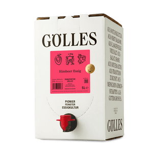 Gölles Himbeer Essig im 5-Liter-Karton mit rotem Zapfhahn.