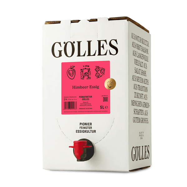 Gölles Himbeer Essig im 5-Liter-Karton mit rotem Zapfhahn.