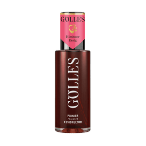 Gölles Himbeer Essig, dunkelrot, in Glasflasche mit rosa Halsetikett.