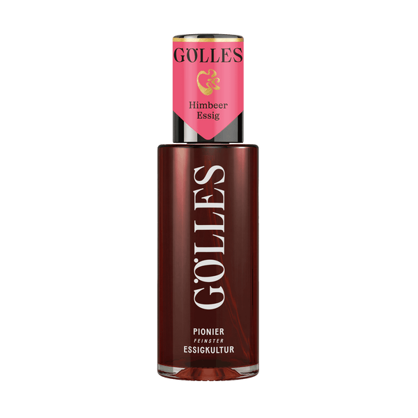 Gölles Himbeer Essig, dunkelrot, in Glasflasche mit rosa Halsetikett.