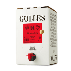 Gölles Kirschen Essig im 5-Liter-Karton mit rotem Zapfhahn.