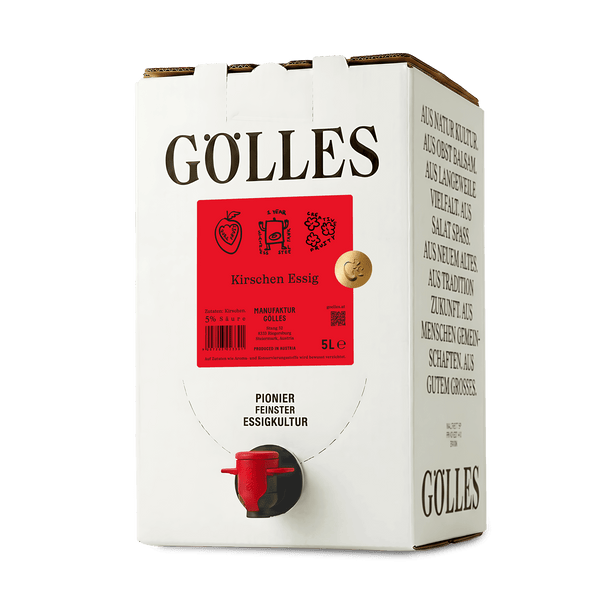Gölles Kirschen Essig im 5-Liter-Karton mit rotem Zapfhahn.