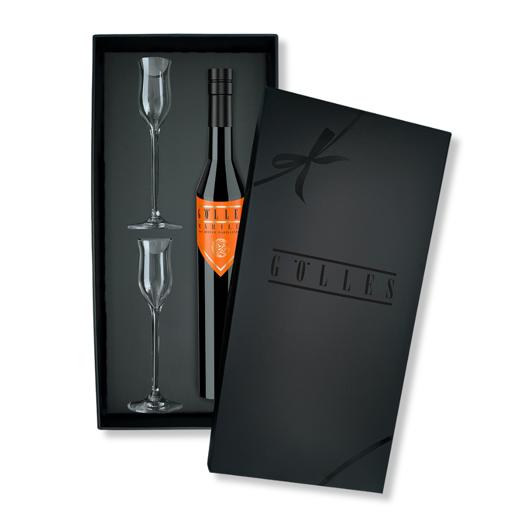 Gölles Set Marille & Glas: Marillenbrand und zwei Edelbrandgläser in schwarzer Geschenkbox.