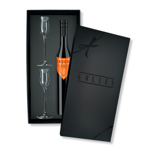 Gölles Set Marille & Glas: Marillenbrand und zwei Edelbrandgläser in schwarzer Geschenkbox.