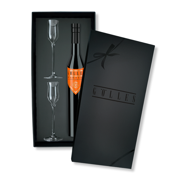 Gölles Set Marille & Glas: Marillenbrand und zwei Edelbrandgläser in schwarzer Geschenkbox.