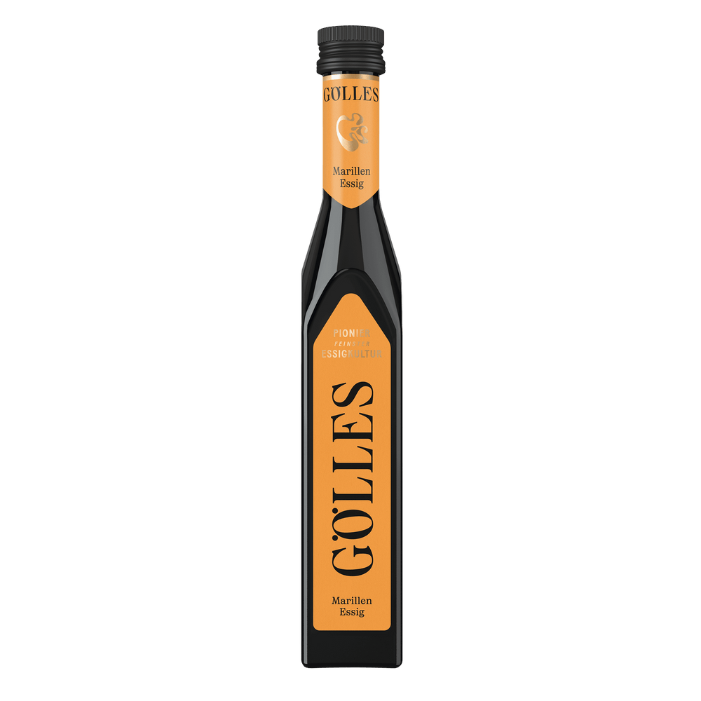 Gölles Marillen Essig in schlanker Flasche mit orangefarbenen Etiketten und schwarzem Verschluss.