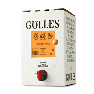 Gölles Marillen Essig im 5-Liter-Karton mit rotem Zapfhahn.