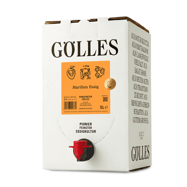 Gölles Marillen Essig im 5-Liter-Karton mit rotem Zapfhahn.