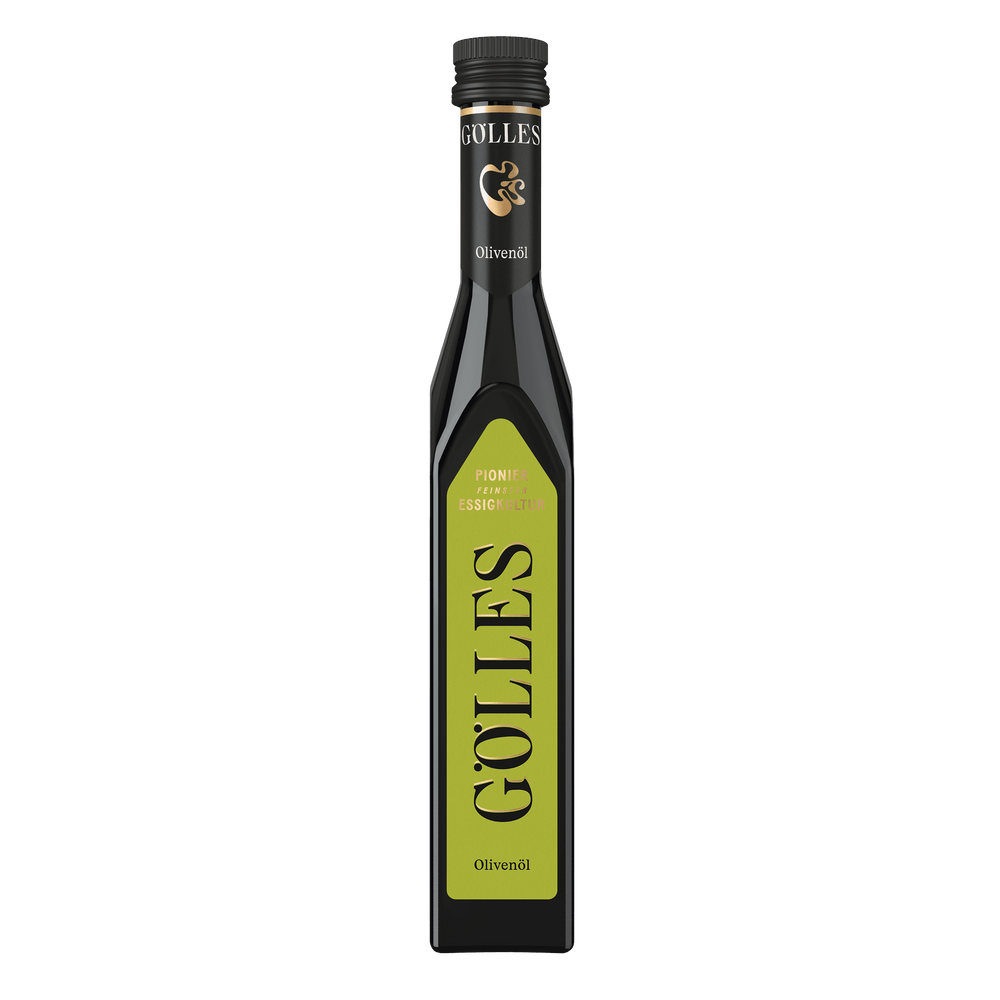 Gölles Olivenöl aus Andalusien in hoher Flasche mit grünem Etikett und schwarzem Verschluss.