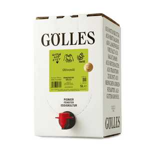 Gölles Olivenöl aus Andalusien im 5-Liter-Karton mit rotem Zapfhahn.
