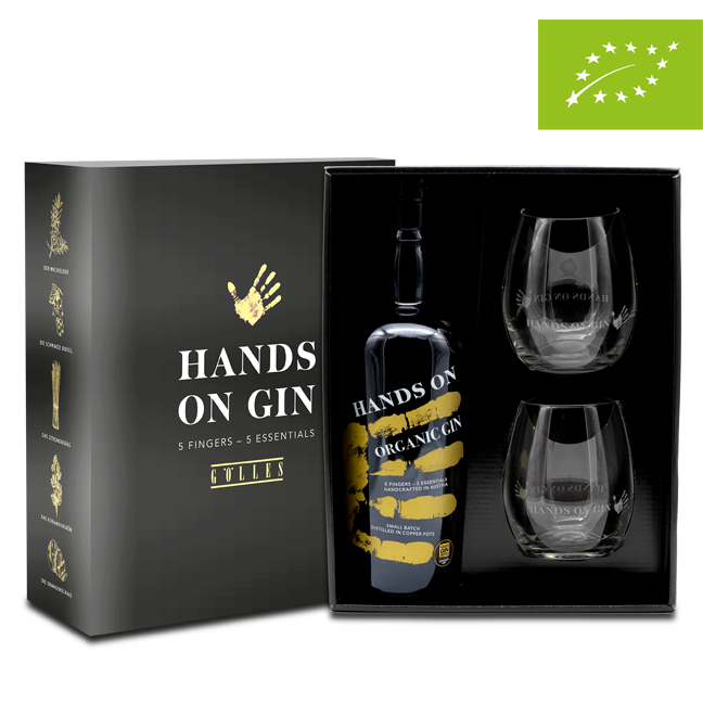 DAVID GÖLLES Perfect GIN Set: Geschenkbox mit HANDS ON Organic Gin und zwei Gläsern.