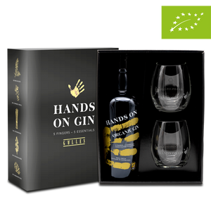 DAVID GÖLLES Perfect GIN Set: Geschenkbox mit HANDS ON Organic Gin und zwei Gläsern.