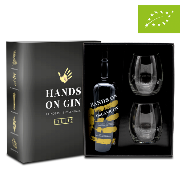 DAVID GÖLLES Perfect GIN Set: Geschenkbox mit HANDS ON Organic Gin und zwei Gläsern.