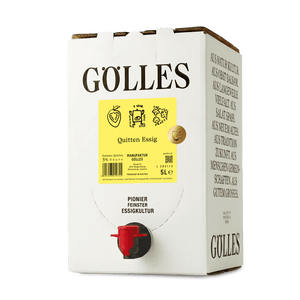 Gölles Quitten Essig im 5-Liter-Karton mit rotem Zapfhahn.