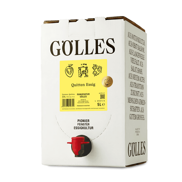 Gölles Quitten Essig im 5-Liter-Karton mit rotem Zapfhahn.