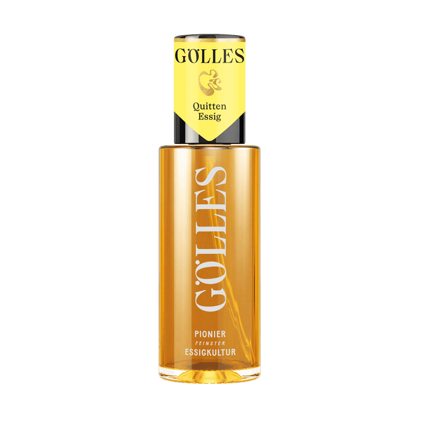 Gölles Quitten Essig, goldgelb, in hoher Glasflasche mit gelbem Halsetikett.