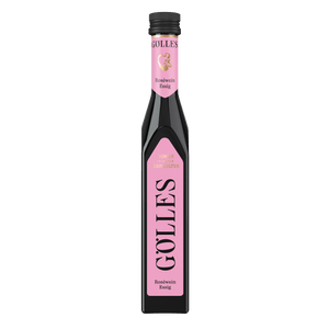 Gölles Roséwein Essig in schmaler Flasche mit hellrosa Etikett und schwarzem Verschluss.
