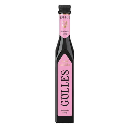 Gölles Roséwein Essig in schmaler Flasche mit hellrosa Etikett und schwarzem Verschluss.