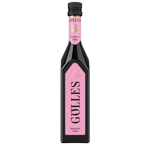 Gölles Roséwein Essig in hoher Flasche mit rosa Etiketten und schwarzem Verschluss.