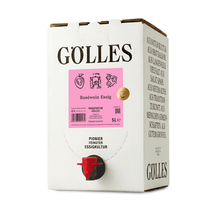 Gölles Roséwein Essig im 5-Liter-Karton mit rotem Zapfhahn.