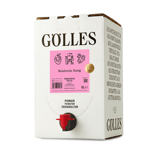 Gölles Roséwein Essig im 5-Liter-Karton mit rotem Zapfhahn.