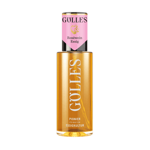 Gölles Roséwein Essig in Glasflasche mit rosa Kapsel und hohem Etikett mit weißer Schrift.