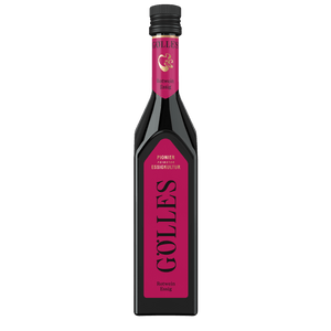 Gölles Rotwein Essig in eckiger Flasche mit pinkfarbenem Etikett und schwarzem Verschluss.