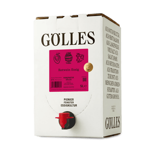 Gölles Rotwein Essig im 5-Liter-Bag-in-Box mit rotem Zapfhahn.