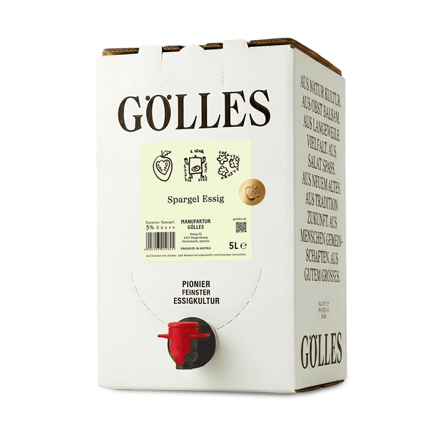 Gölles Spargel Essig im 5-Liter-Karton mit rotem Zapfhahn.