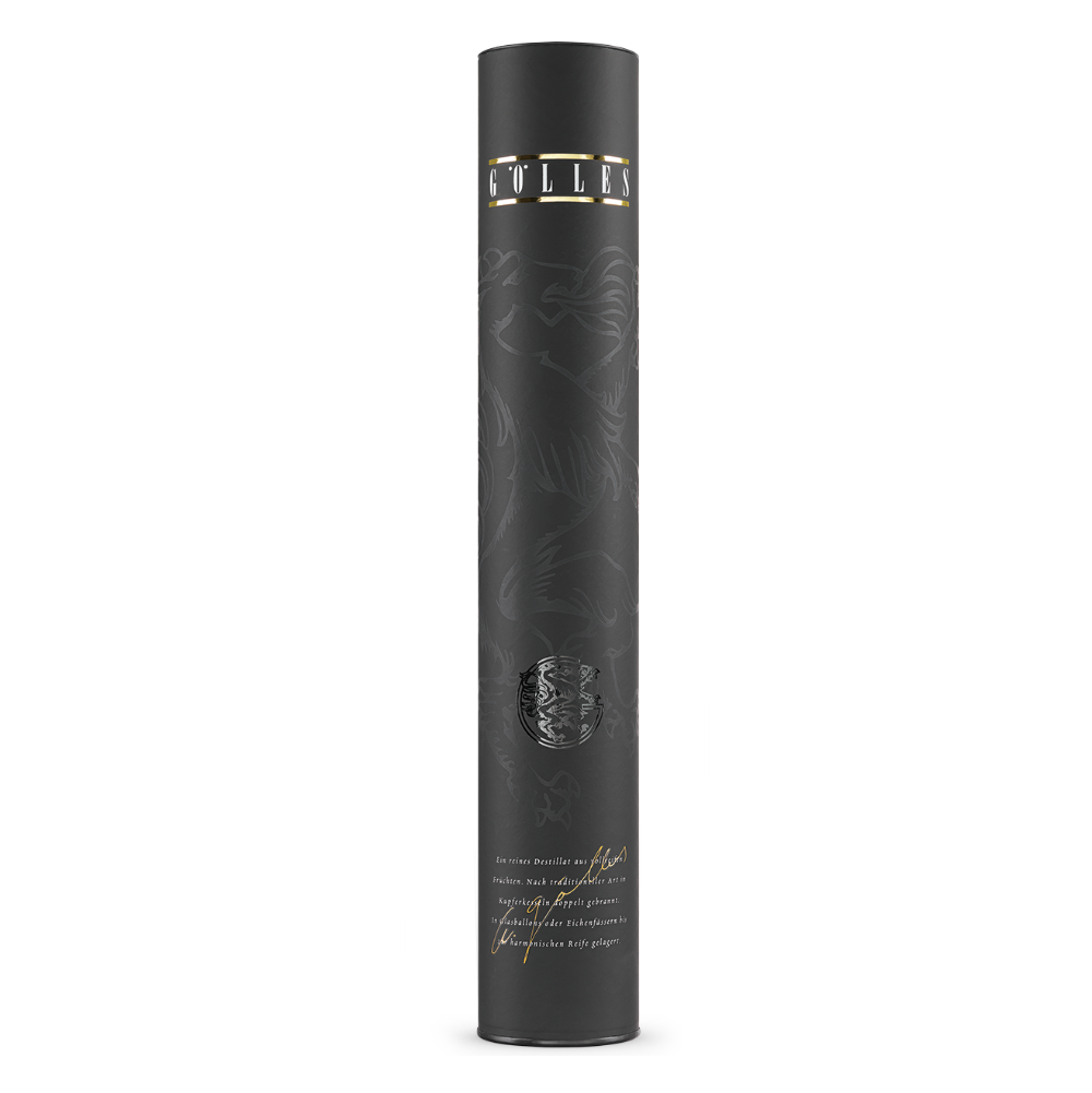 Gölles 1er Rolle: schwarze Geschenkrolle für eine Flasche Edelbrand mit goldener Schrift.