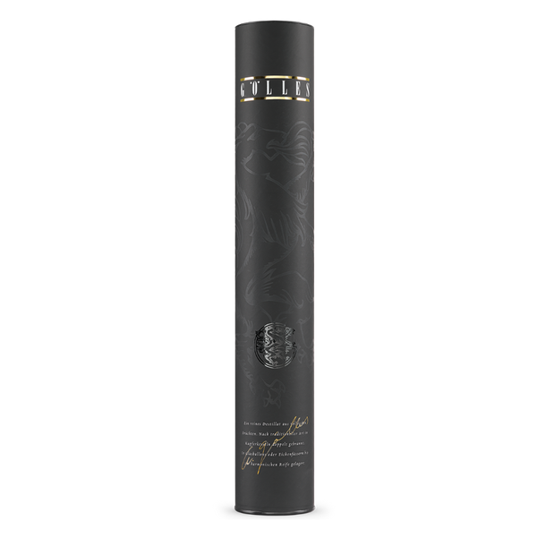 Gölles 1er Rolle: schwarze Geschenkrolle für eine Flasche Edelbrand mit goldener Schrift.