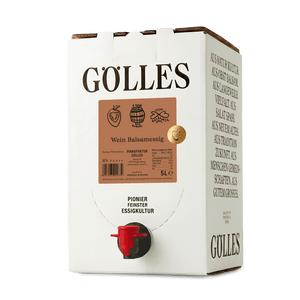 Gölles Wein Balsamessig im 5-Liter-Bag-in-Box mit rotem Zapfhahn.