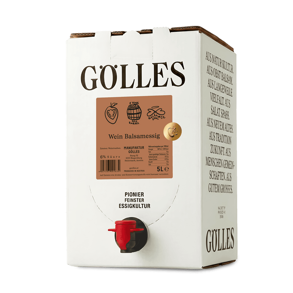 Gölles Wein Balsamessig im 5-Liter-Bag-in-Box mit rotem Zapfhahn.
