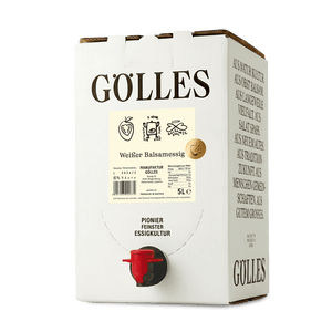 Gölles Weißer Balsamessig im 5-Liter-Karton mit rotem Zapfhahn.