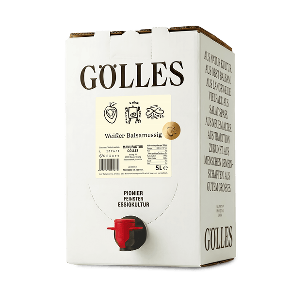 Gölles Weißer Balsamessig im 5-Liter-Karton mit rotem Zapfhahn.