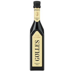Gölles Weißwein Essig in hoher eckiger Flasche mit beigen Etiketten und schwarzem Verschluss.